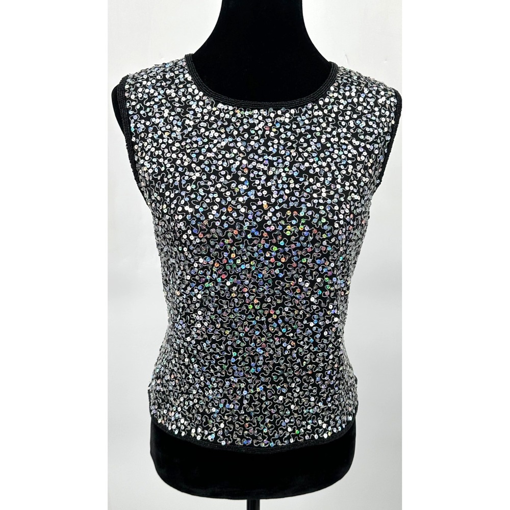Papell Boutique Evening Womens Sleeveless Blouse Size XL Black Iridescent Sequin
